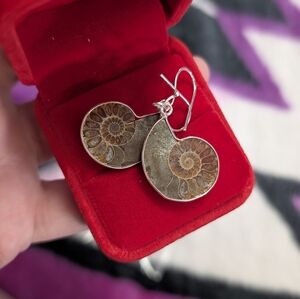 Vintage Artisan Genuine Ammonite Fossil Earrings In Sterling Silver